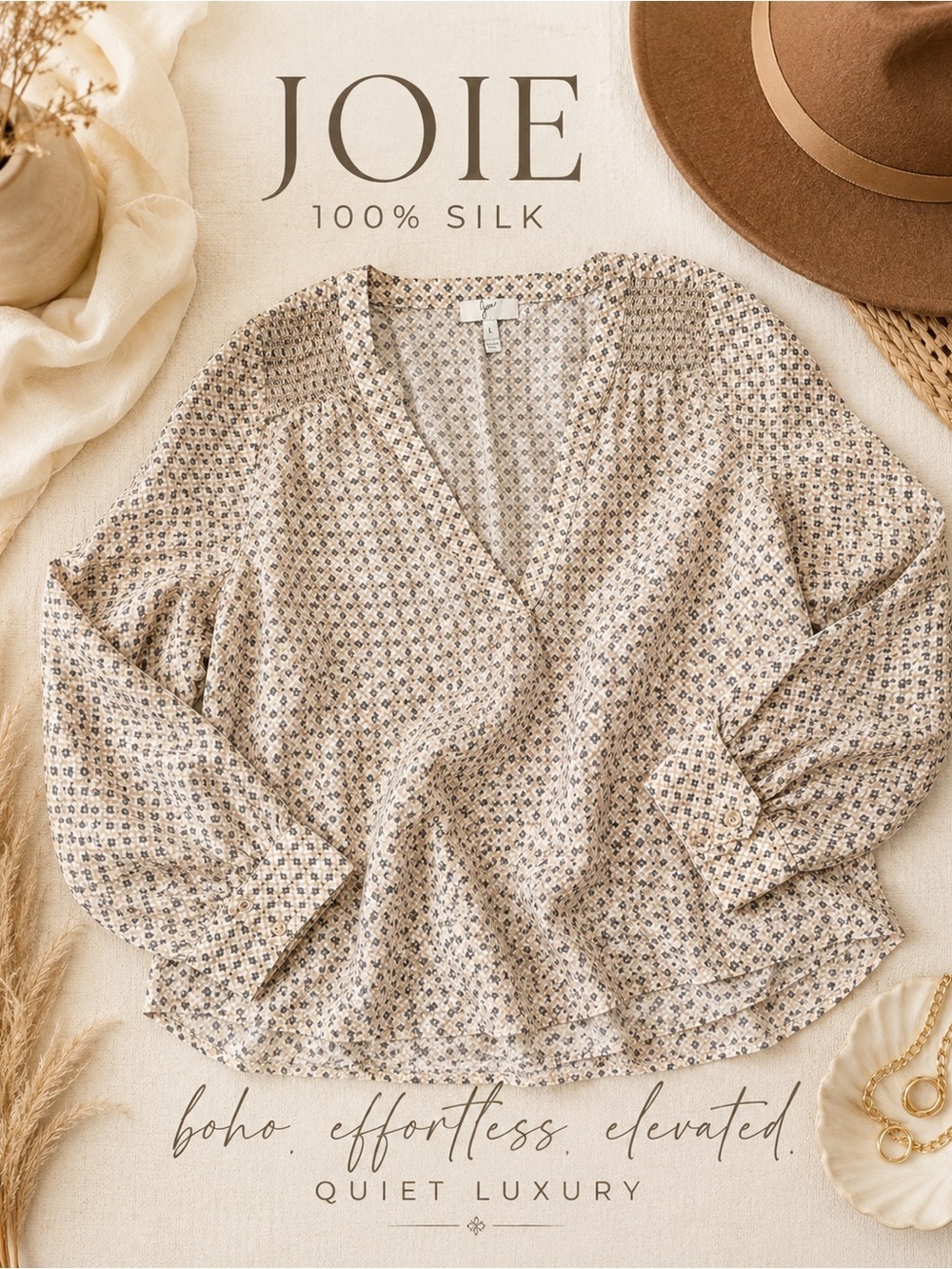 Joie 100% Silk Geometric Print Smocked Shoulder Boho Blouse Large